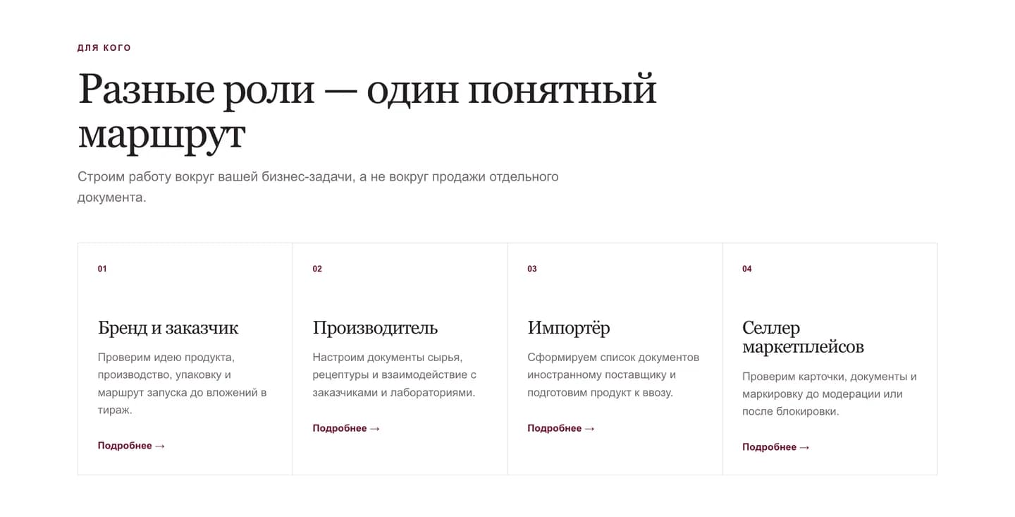 Блок сайта с четырьмя маршрутами под разные роли клиента